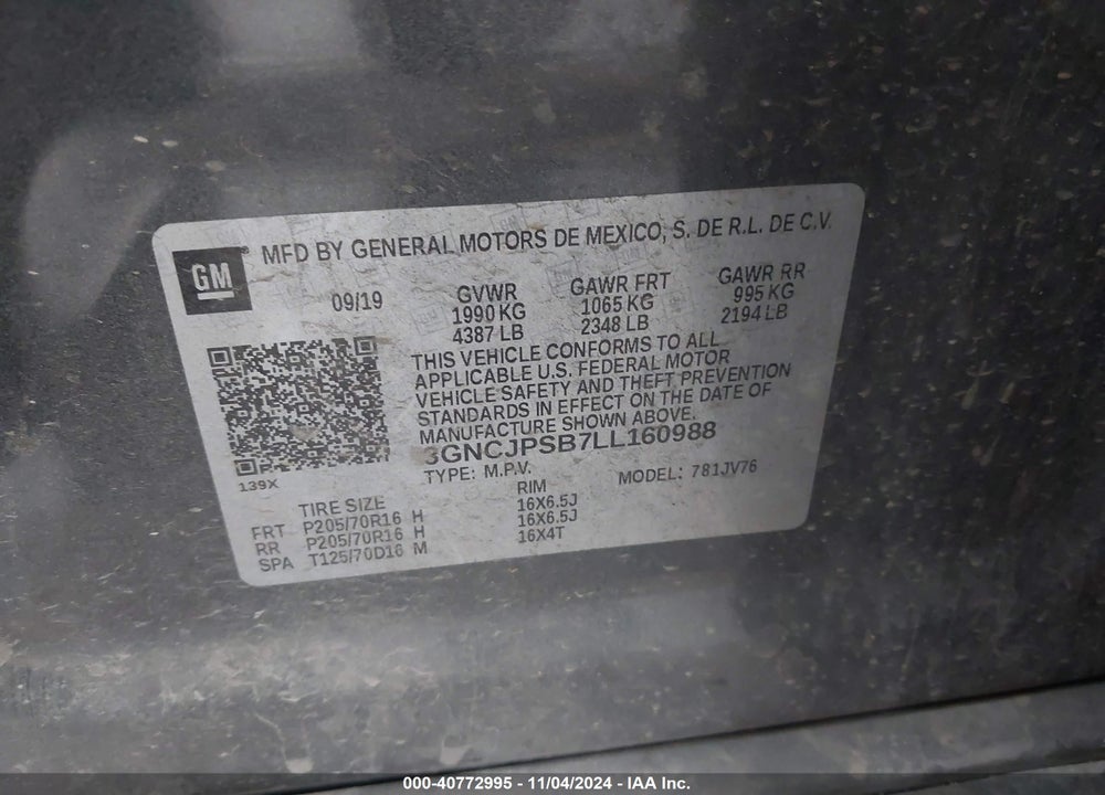 2020 CHEVROLET TRAX AWD LT VIN: 3GNCJPSB7LL160988