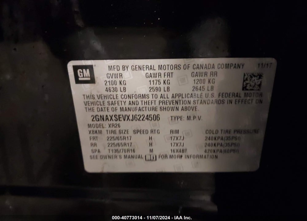 2018 CHEVROLET EQUINOX LT VIN: 2GNAXSEVXJ6224506