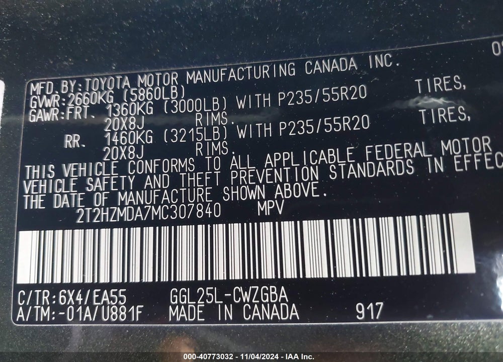 2021 LEXUS RX 350 VIN: 2T2HZMDA7MC307840