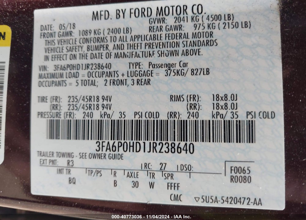 2018 FORD FUSION SE VIN: 3FA6P0HD1JR238640