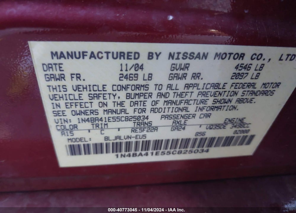 2005 NISSAN MAXIMA 3.5 SL VIN: 1N4BA41E55C825034
