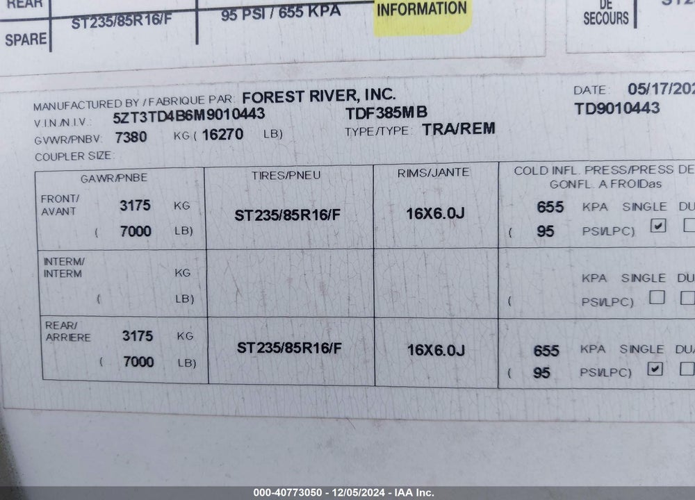 2021 FOREST RIVER OTHER VIN: 5ZT3TD4B6M9010443