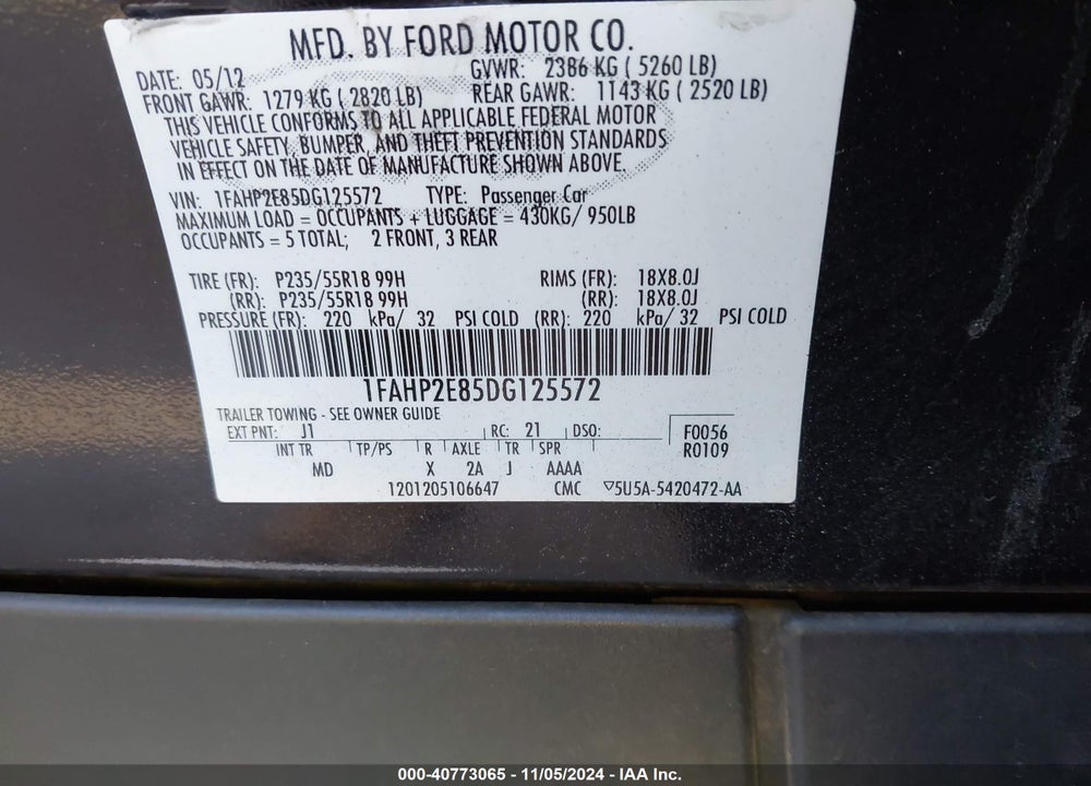2013 FORD TAURUS SEL VIN: 1FAHP2E85DG125572