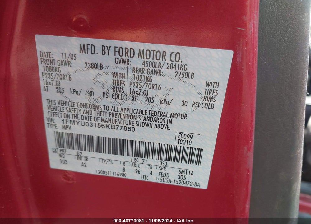 2006 FORD ESCAPE XLT/XLT SPORT VIN: 1FMYU03156KB77860