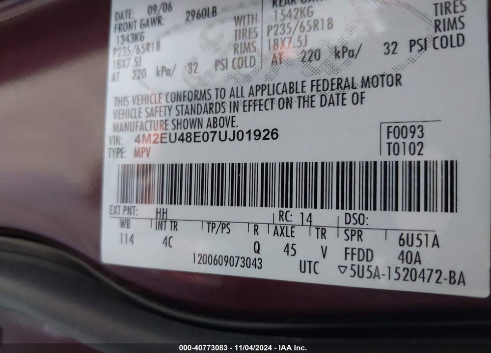 2007 MERCURY MOUNTAINEER PREMIER VIN: 4M2EU48E07UJ01926