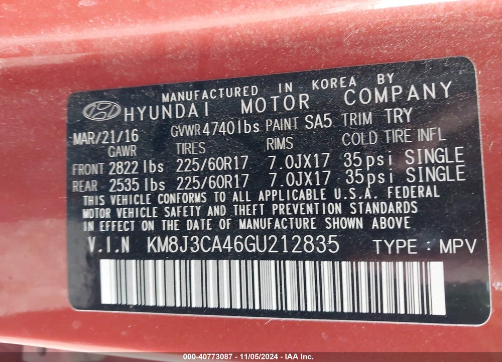 2016 HYUNDAI TUCSON SE VIN: KM8J3CA46GU212835