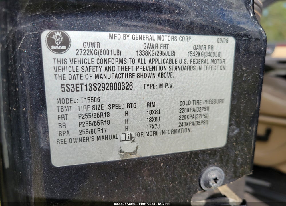 2009 SAAB 9-7X 4.2I VIN: 5S3ET13S292800326