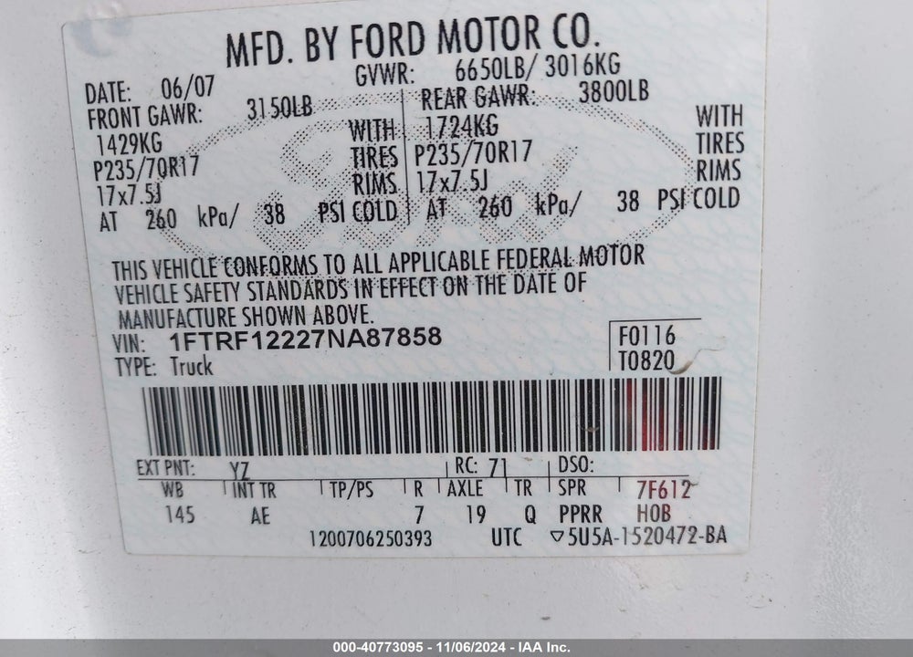 2007 FORD F-150 STX/XL/XLT VIN: 1FTRF12227NA87858