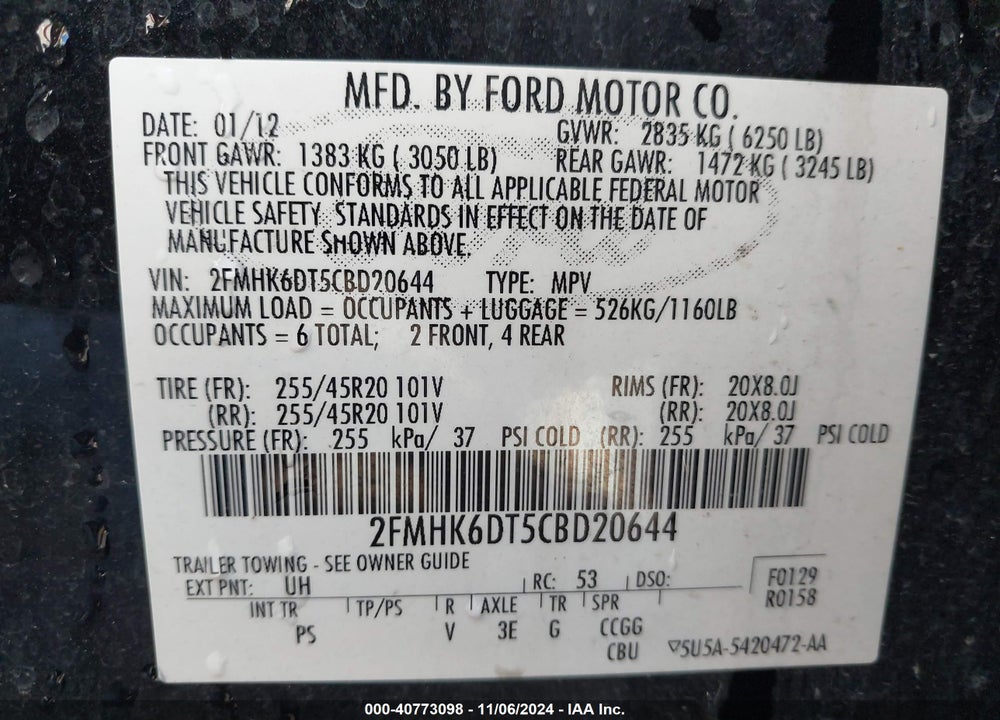2012 FORD FLEX LIMITED W/ECOBOOST VIN: 2FMHK6DT5CBD20644