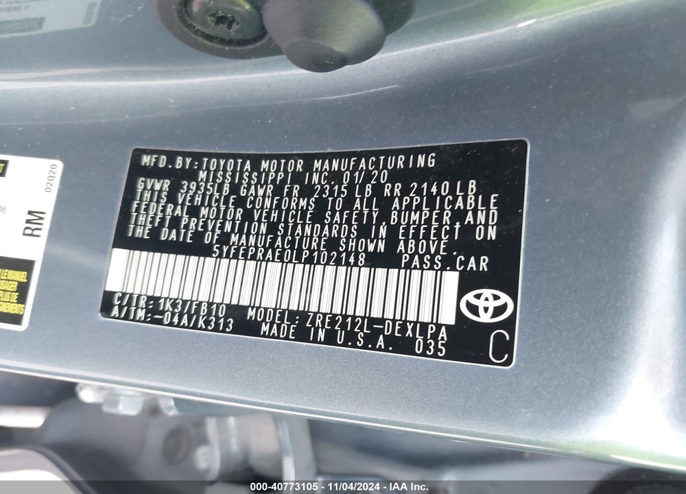 2020 TOYOTA COROLLA LE VIN: 5YFEPRAE0LP102148