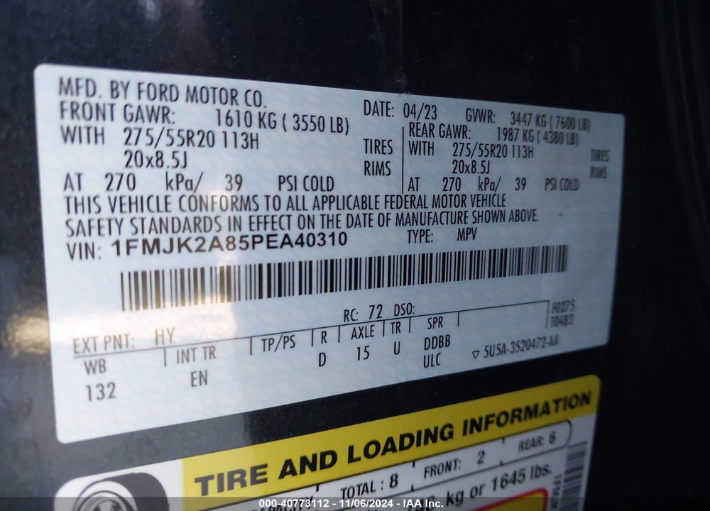 2023 FORD EXPEDITION LIMITED MAX VIN: 1FMJK2A85PEA40310
