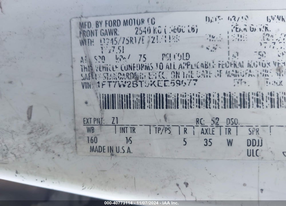 2019 FORD F-250 XL VIN: 1FT7W2BT9KEE59677