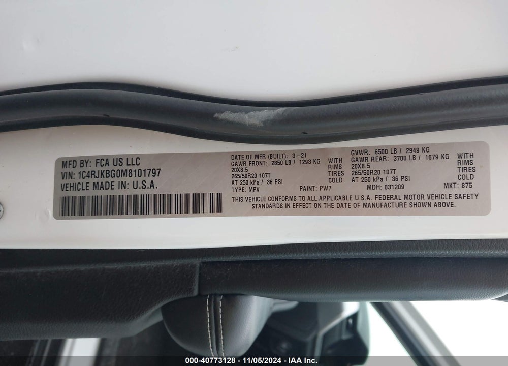 2021 JEEP GRAND CHEROKEE L LIMITED 4X4 VIN: 1C4RJKBG0M8101797