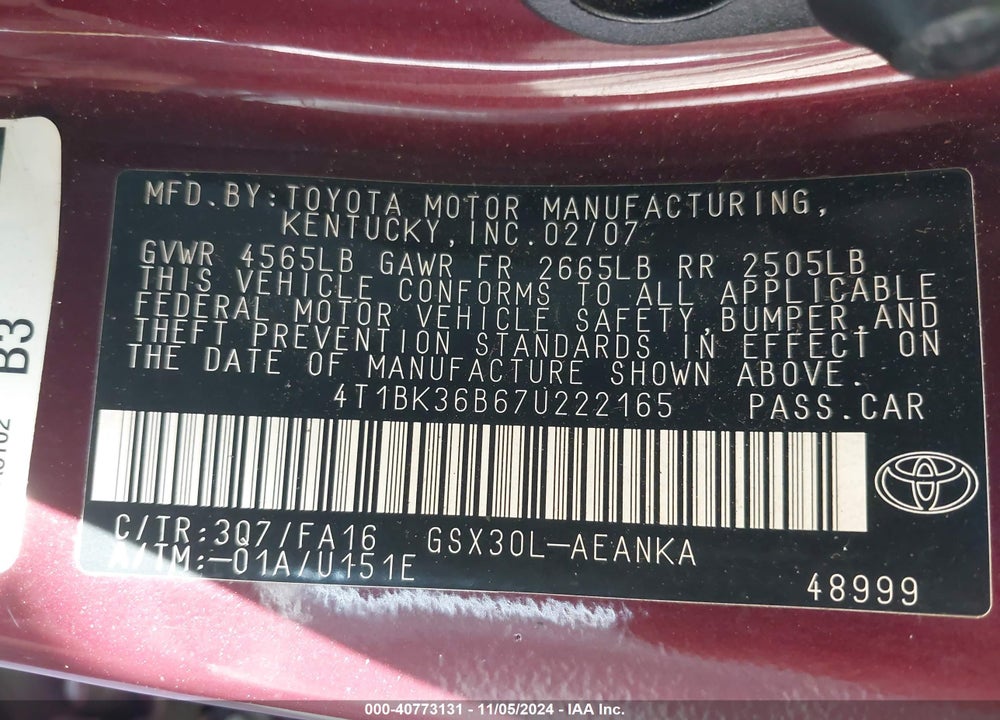 2007 TOYOTA AVALON XL VIN: 4T1BK36B67U222165