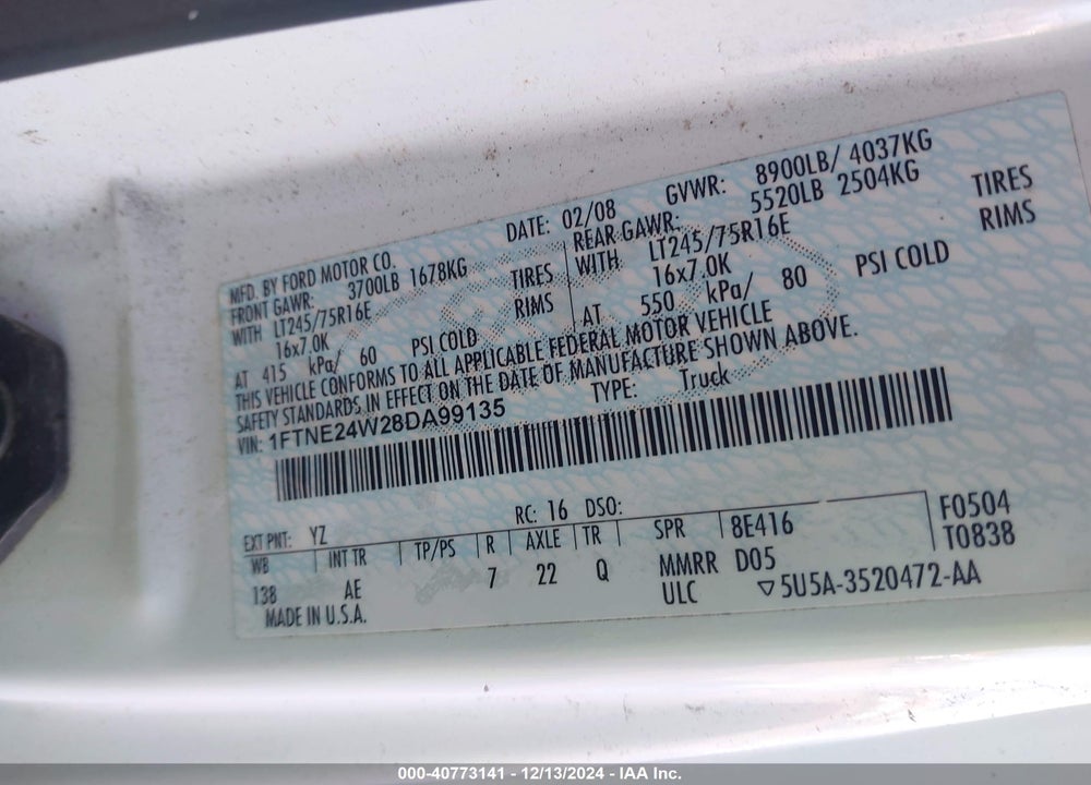 2008 FORD E-250 COMMERCIAL/RECREATIONAL VIN: 1FTNE24W28DA99135