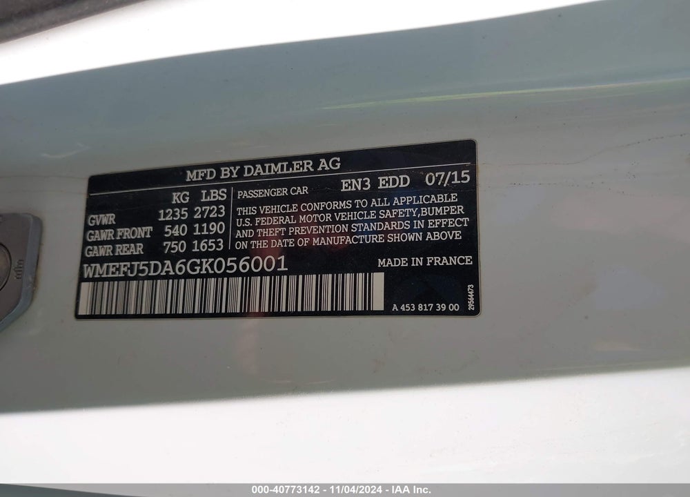 2016 SMART FORTWO PASSION/PRIME/PROXY/PURE VIN: WMEFJ5DA6GK056001
