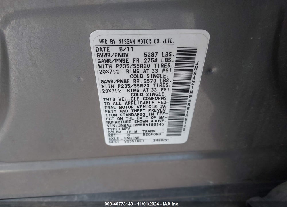 2011 NISSAN MURANO LE VIN: JN8AZ1MW5BW188145