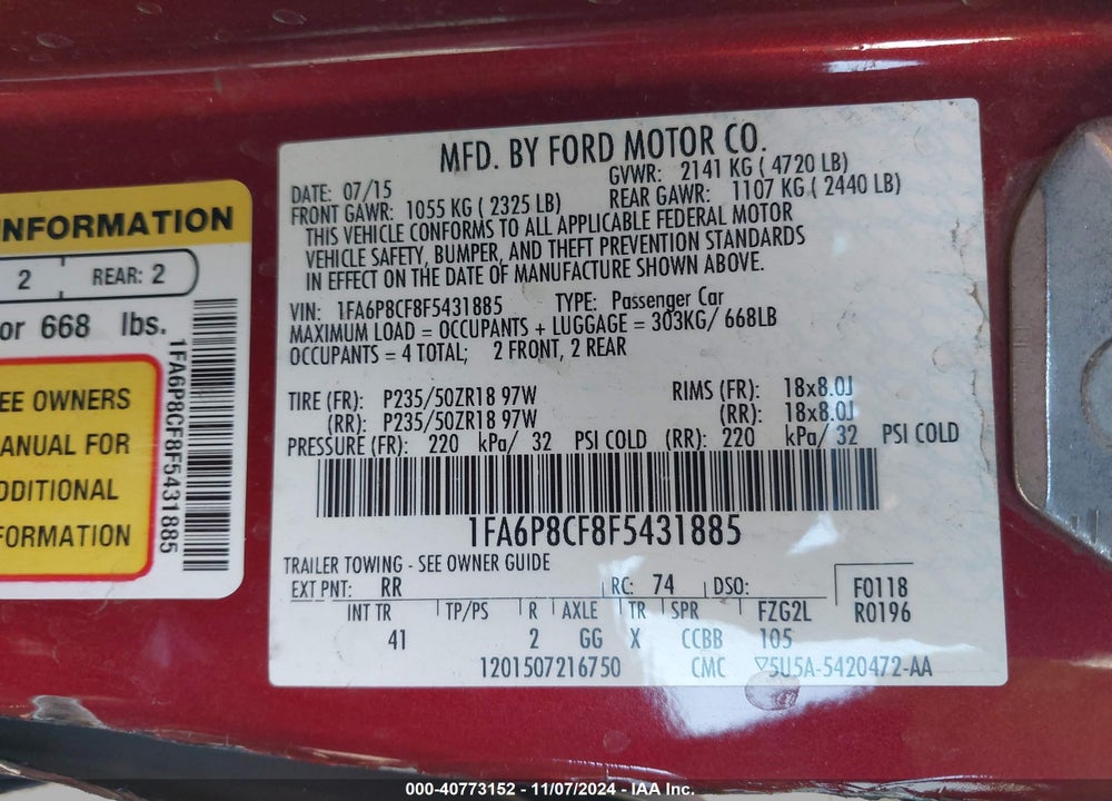 2015 FORD MUSTANG GT PREMIUM VIN: 1FA6P8CF8F5431885