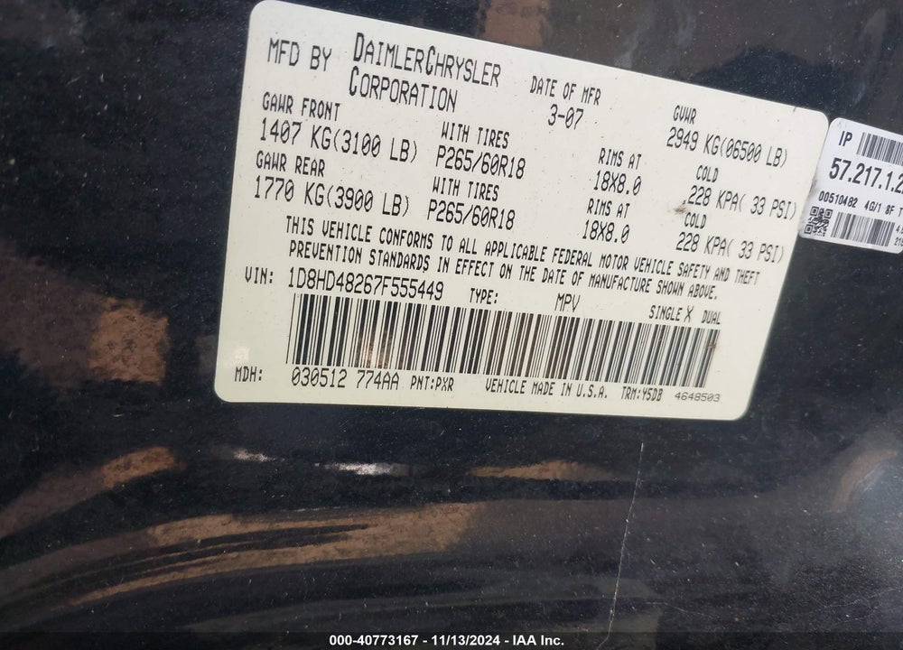 2007 DODGE DURANGO SLT VIN: 1D8HD48267F555449