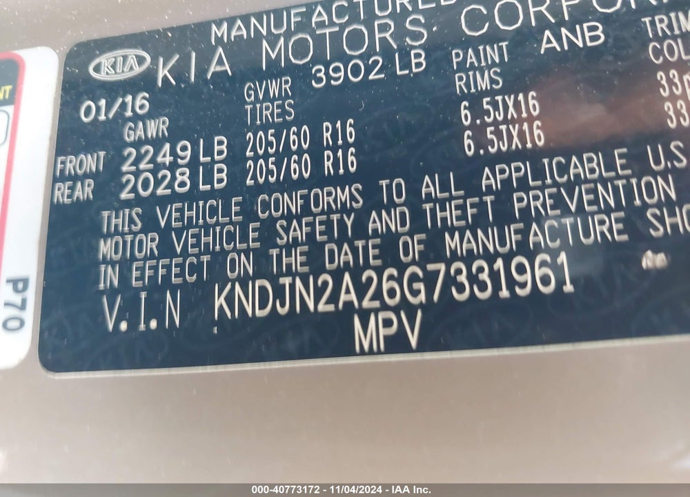 2016 KIA SOUL VIN: KNDJN2A26G7331961