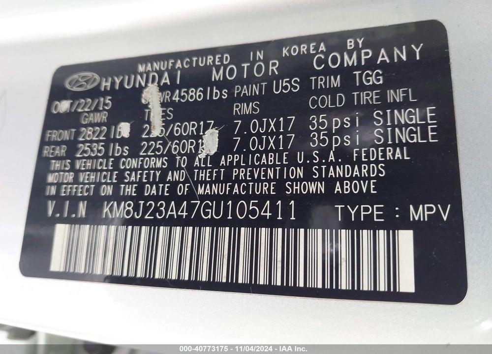 2016 HYUNDAI TUCSON SE VIN: KM8J23A47GU105411