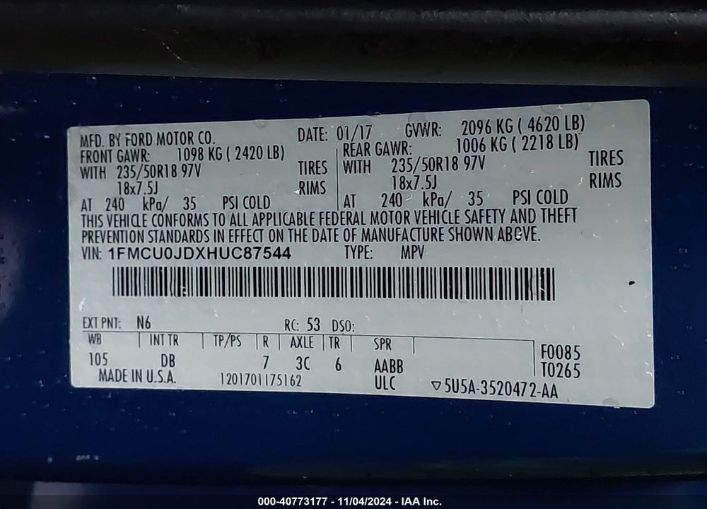 2017 FORD ESCAPE VIN: 1FMCU0JDXHUC87544