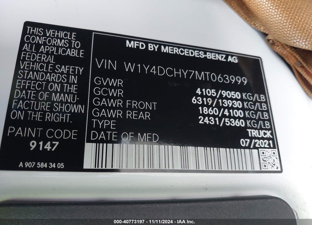 2021 MERCEDES-BENZ SPRINTER 2500 HIGH ROOF I4 DIESEL VIN: W1Y4DCHY7MT063999