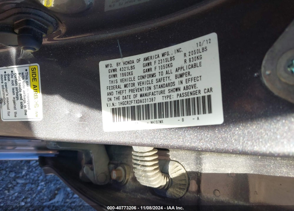 2013 HONDA ACCORD EX VIN: 1HGCR2F7XDA031387