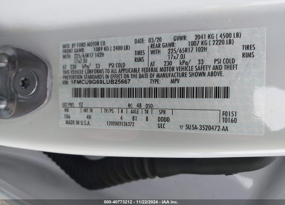 2020 FORD ESCAPE SE VIN: 1FMCU9G69LUB25667