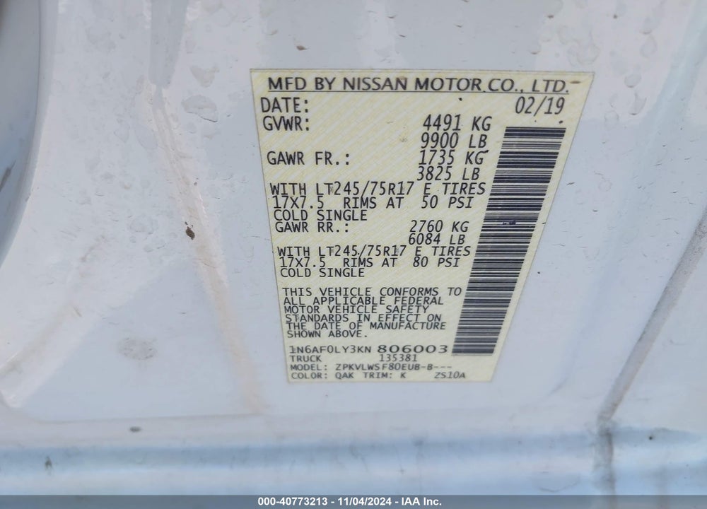 2019 NISSAN NV CARGO NV3500 HD S V8 VIN: 1N6AF0LY3KN806003