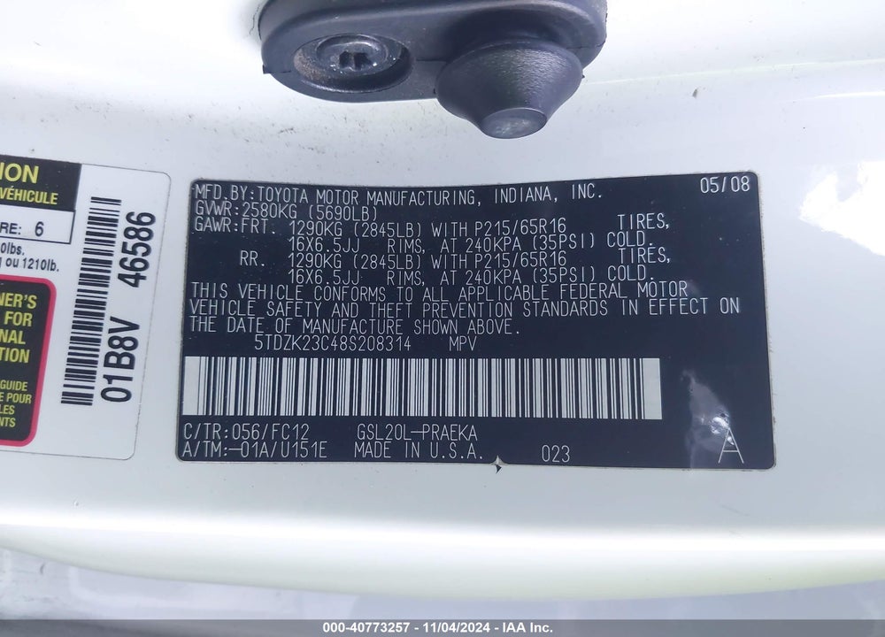 2008 TOYOTA SIENNA LE VIN: 5TDZK23C48S208314