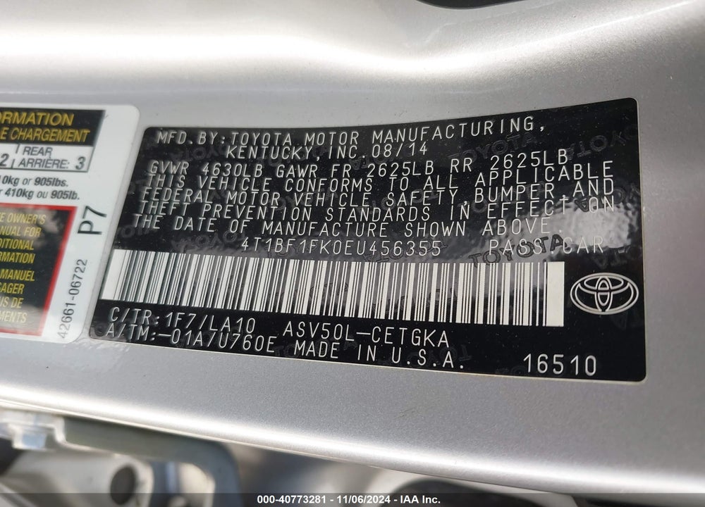 2014 TOYOTA CAMRY XLE VIN: 4T1BF1FK0EU456355