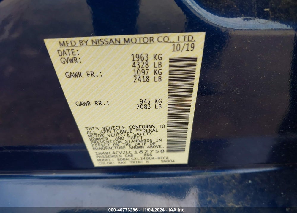 2020 NISSAN ALTIMA SR FWD VIN: 1N4BL4CV2LC182758