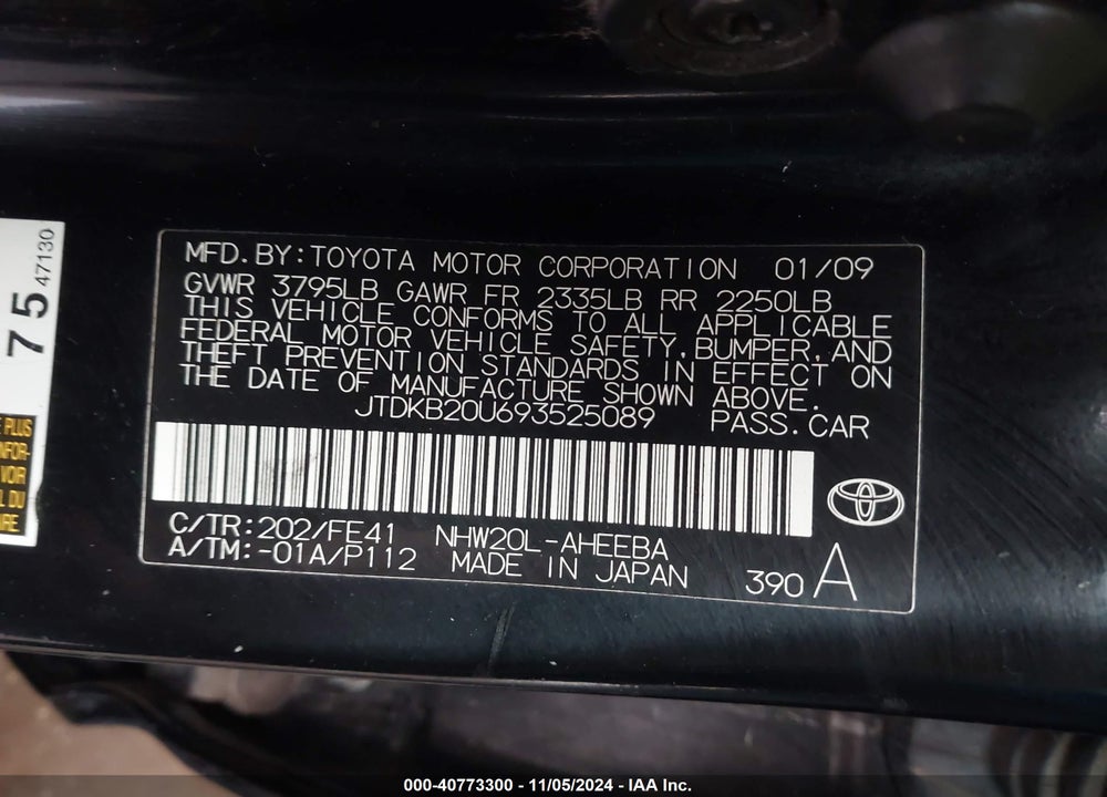 2009 TOYOTA PRIUS VIN: JTDKB20U693525089