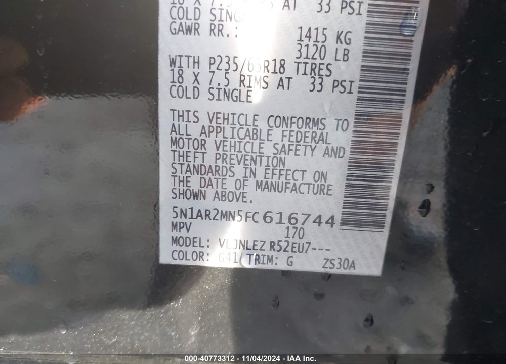 2015 NISSAN PATHFINDER PLATINUM/S/SL/SV VIN: 5N1AR2MN5FC616744