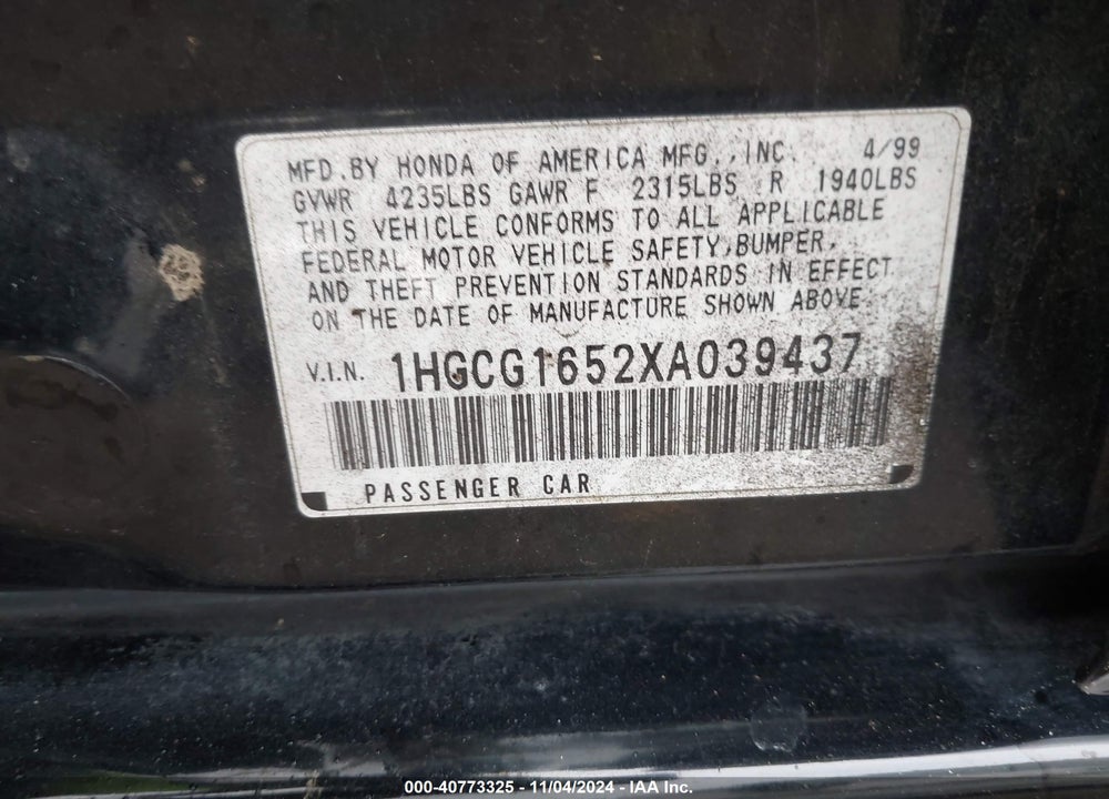 1999 HONDA ACCORD EX V6 VIN: 1HGCG1652XA039437
