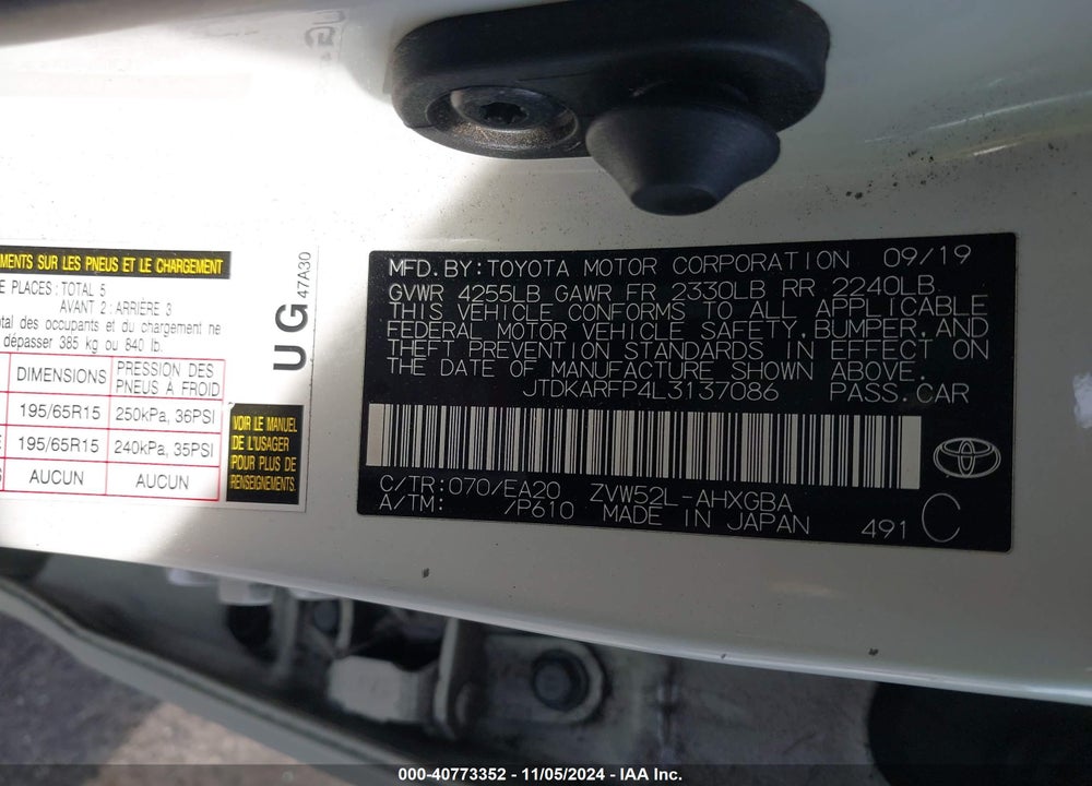 2020 TOYOTA PRIUS PRIME XLE VIN: JTDKARFP4L3137086