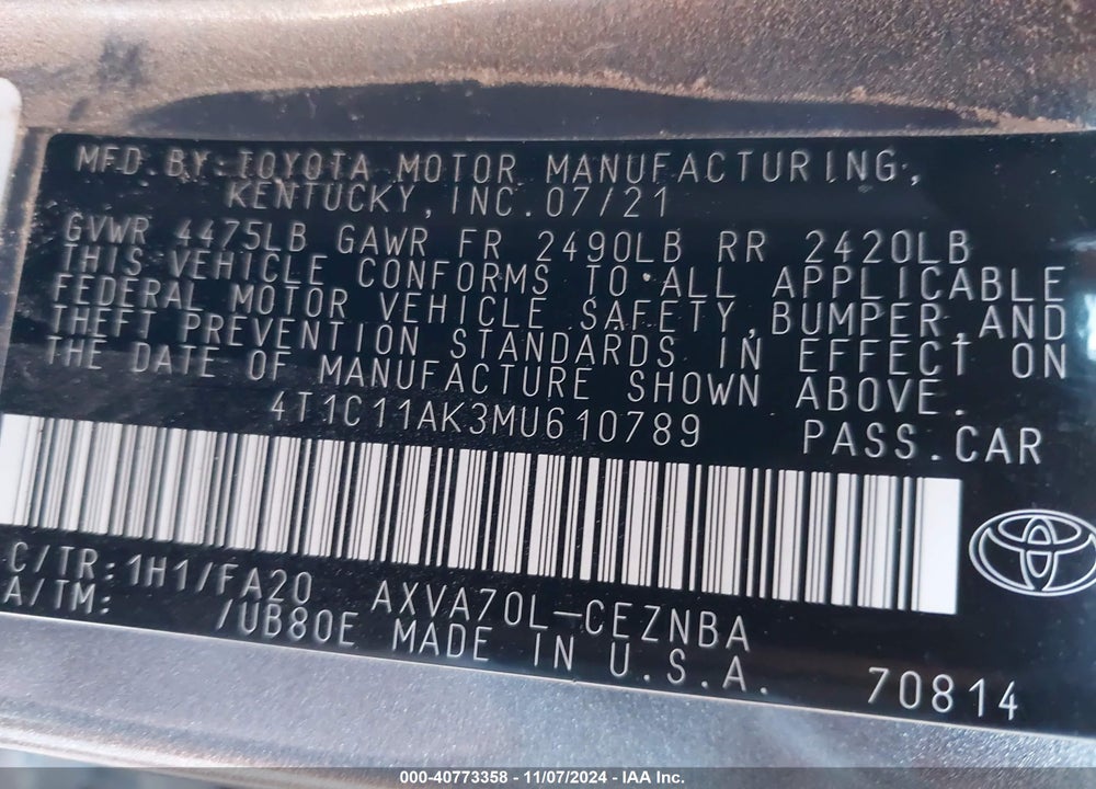 2021 TOYOTA CAMRY LE VIN: 4T1C11AK3MU610789
