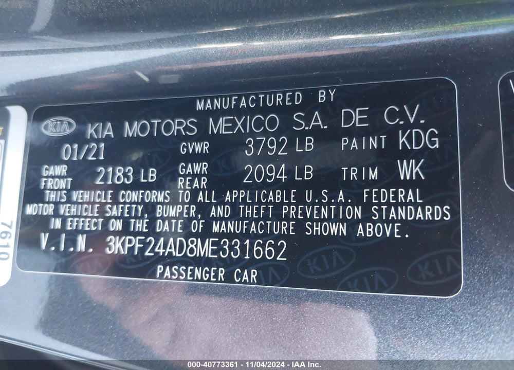 2021 KIA FORTE LXS VIN: 3KPF24AD8ME331662