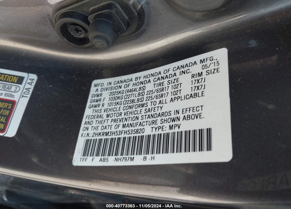 2015 HONDA CR-V EX VIN: 2HKRM3H53FH535820
