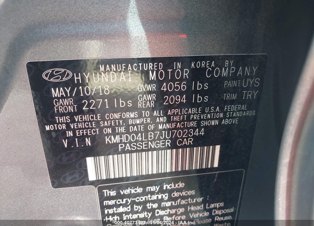 2018 HYUNDAI ELANTRA SPORT VIN: KMHD04LB7JU702344