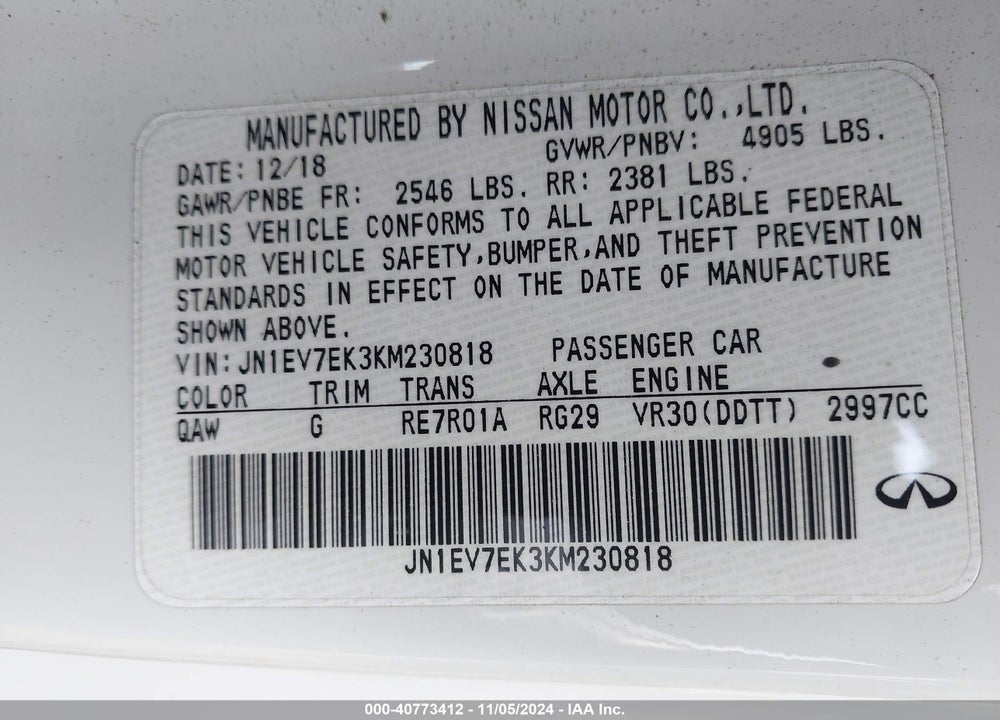 2019 INFINITI Q60 3.0T LUXE VIN: JN1EV7EK3KM230818