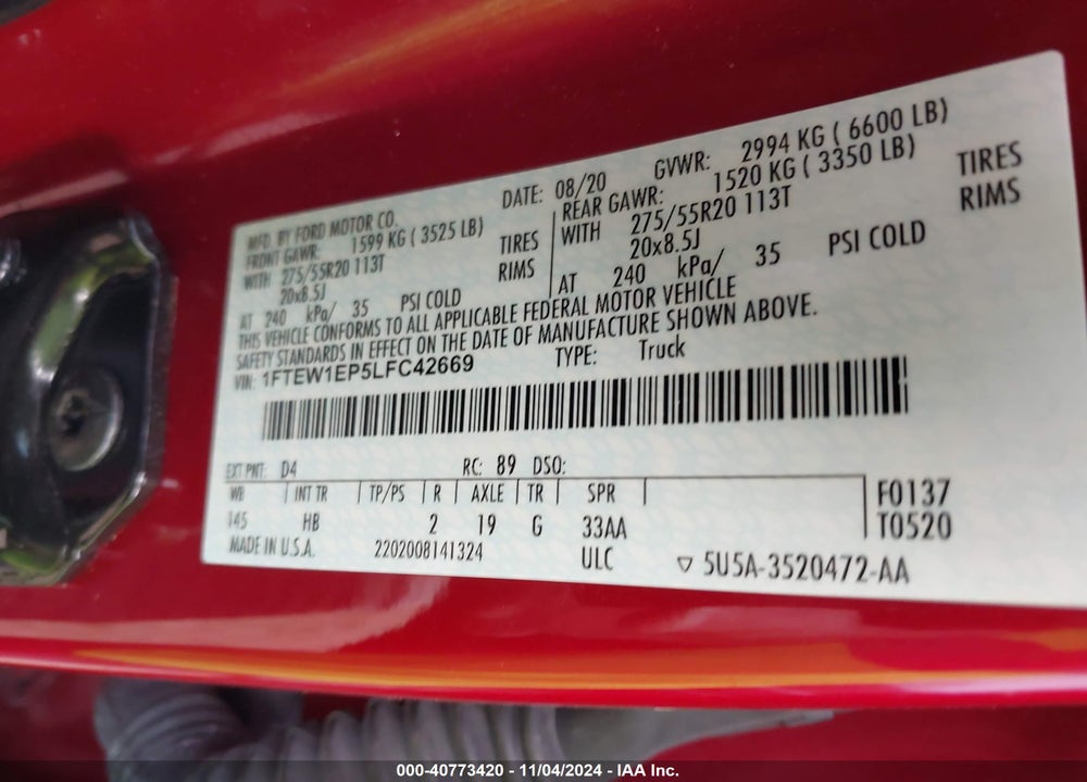 2020 FORD F-150 LARIAT VIN: 1FTEW1EP5LFC42669