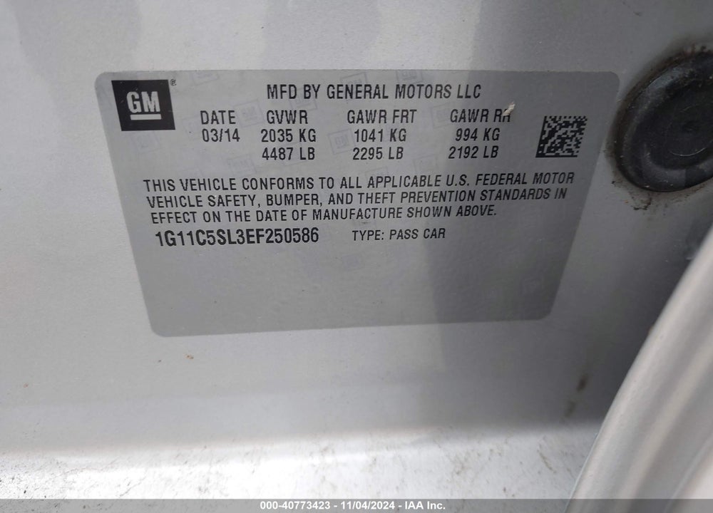 2014 CHEVROLET MALIBU 1LT VIN: 1G11C5SL3EF250586