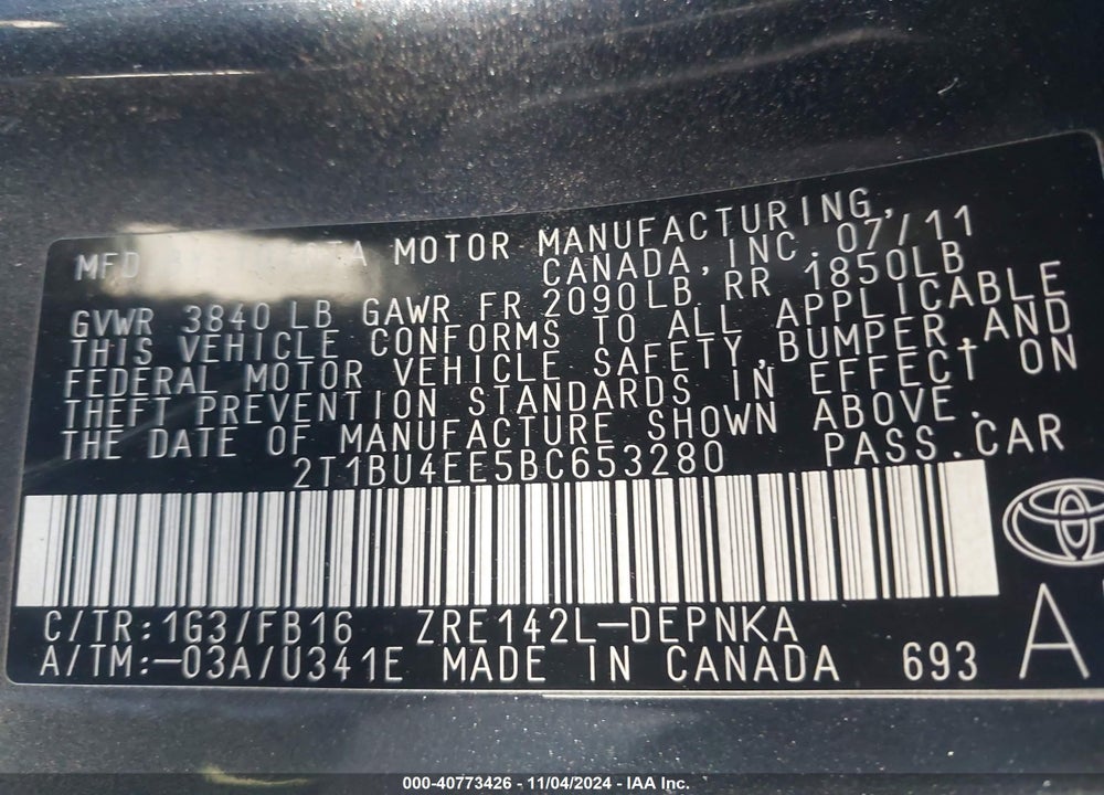 2011 TOYOTA COROLLA LE VIN: 2T1BU4EE5BC653280