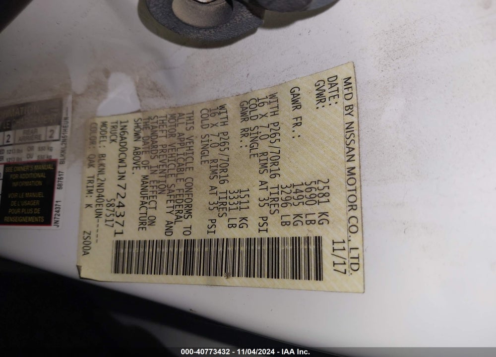 2018 NISSAN FRONTIER SV VIN: 1N6AD0CW1JN724371
