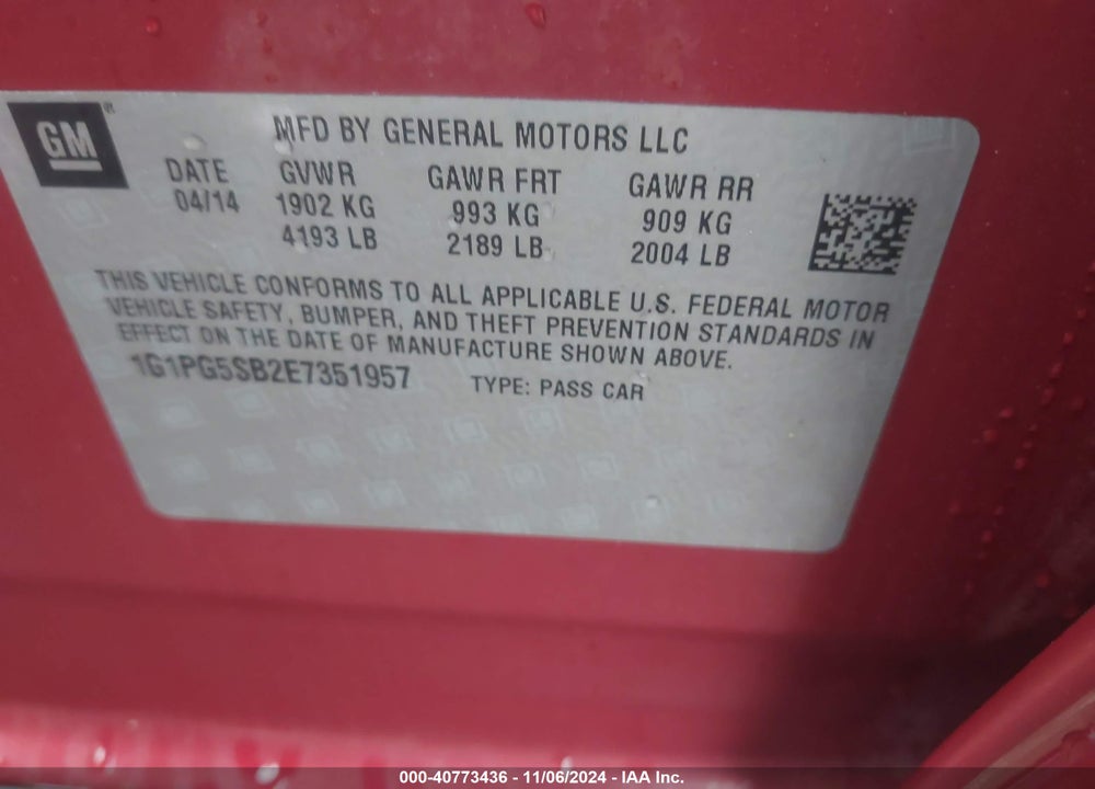 2014 CHEVROLET CRUZE LTZ VIN: 1G1PG5SB2E7351957