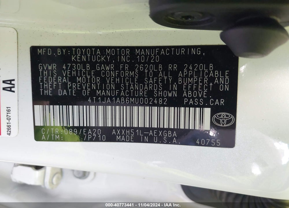 2021 TOYOTA AVALON XLE HYBRID VIN: 4T1JA1AB6MU002482
