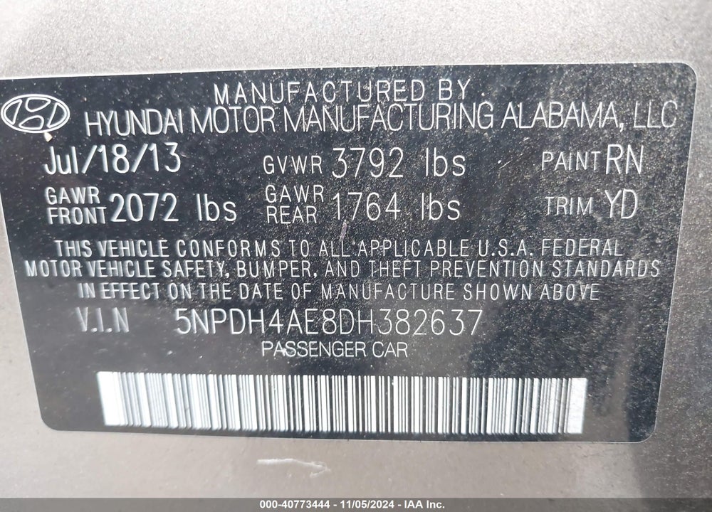 2013 HYUNDAI ELANTRA GLS VIN: 5NPDH4AE8DH382637