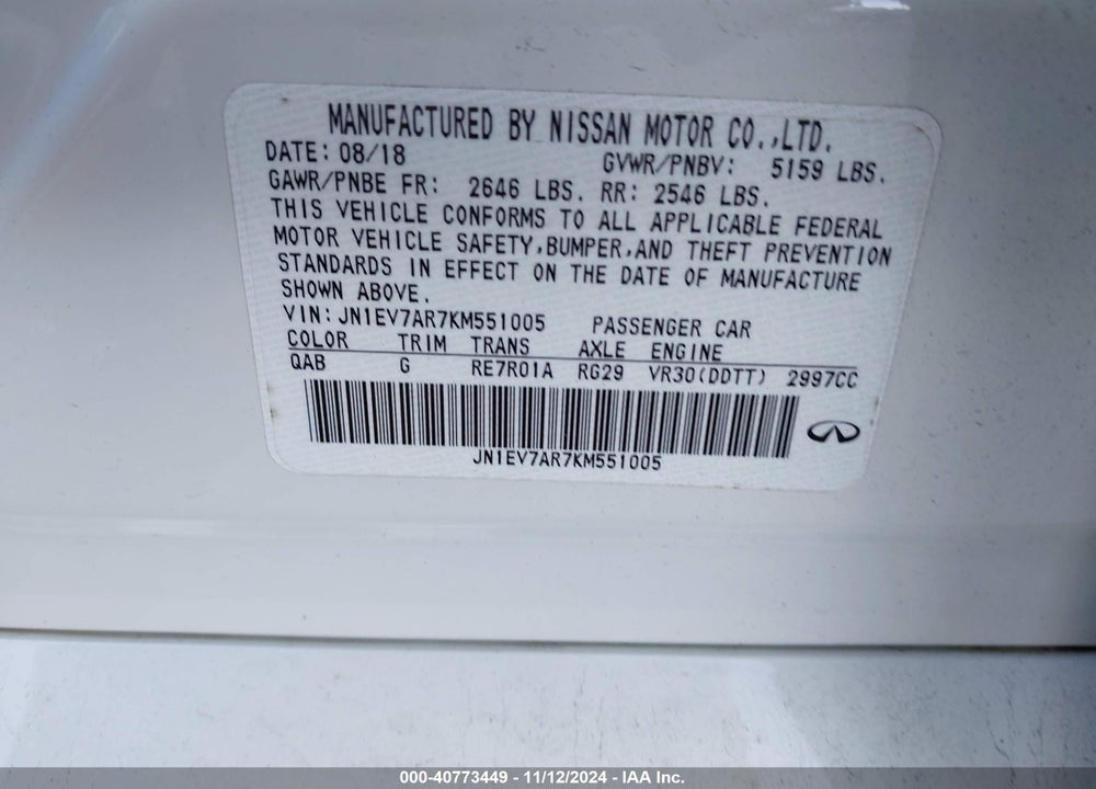 2019 INFINITI Q50 3.0T SPORT VIN: JN1EV7AR7KM551005